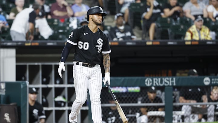Sep 2, 2023; Chicago, Illinois, USA; Chicago White Sox second baseman Lenyn Sosa (50) reacts after