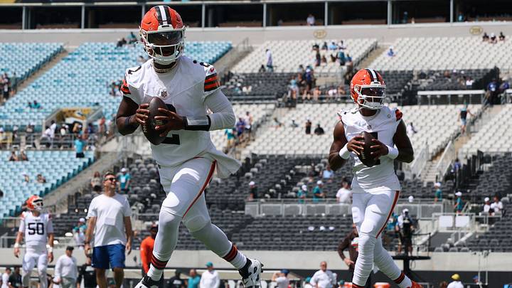 Sep 13, 2026; Jacksonville, Florida, USA;  Cleveland Browns quarterback Shedeur Sanders (2) and quarterback Deshaun Watson (4) warm up before the game against the Jacksonville Jaguars at EverBank Stadium.  Mandatory Credit: Nathan Ray Seebeck-Imagn Images