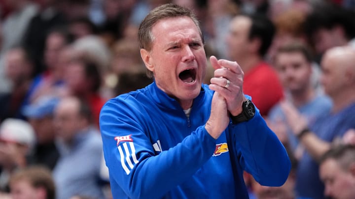 Feb 23, 2026; Lawrence, Kansas, USA; Kansas Jayhawks head coach Bill Self reacts in the final seconds of the game against the Houston Cougars during the second half of the game at Allen Fieldhouse. Mandatory Credit: Denny Medley-Imagn Images