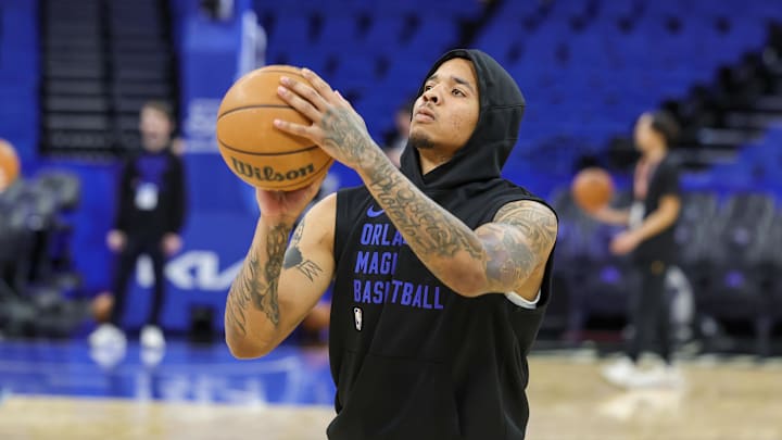 Mar 3, 2024; Orlando, Florida, USA; Orlando Magic guard Markelle Fultz (20) warms up before the game against the Detroit Pistons at KIA Center. Mandatory Credit: Mike Watters-Imagn Images