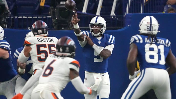 Indianapolis Colts quarterback Anthony Richardson (5) throws a pass during the first half of a preseason game against the Denver Broncos on Sunday, Aug. 11, 2024, at Lucas Oil Stadium in Indianapolis. The Broncos defeated the Colts 34-30. Indianapolis Colts quarterback Anthony Richardson (5) throws a pass during the first half of a preseason game against the Denver Broncos on Sunday, Aug. 11, 2024, at Lucas Oil Stadium in Indianapolis. The Broncos defeated the Colts 34-30.