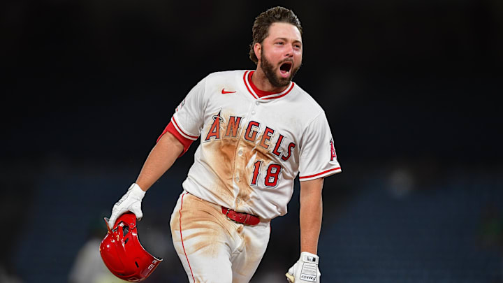 Jun 10, 2025; Anaheim, California, USA; Los Angeles Angels first baseman Nolan Schanuel (18) celebrates after hitting a walk off RBI single against the Athletics during the tenth inning at Angel Stadium. Mandatory Credit: Gary A. Vasquez-Imagn Images Jun 10, 2025; Anaheim, California, USA; Los Angeles Angels first baseman Nolan Schanuel (18) celebrates after hitting a walk off RBI single against the Athletics during the tenth inning at Angel Stadium. Mandatory Credit: Gary A. Vasquez-Imagn Images
