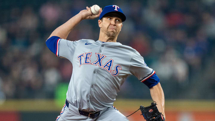Sep 13, 2024; Seattle, Washington, USA; Texas Rangers starter Jacob deGrom (48) delivers a pitch during the first inning against the Seattle Mariners at T-Mobile Park. Mandatory Credit: Stephen Brashear-Imagn Images Sep 13, 2024; Seattle, Washington, USA; Texas Rangers starter Jacob deGrom (48) delivers a pitch during the first inning against the Seattle Mariners at T-Mobile Park. Mandatory Credit: Stephen Brashear-Imagn Images