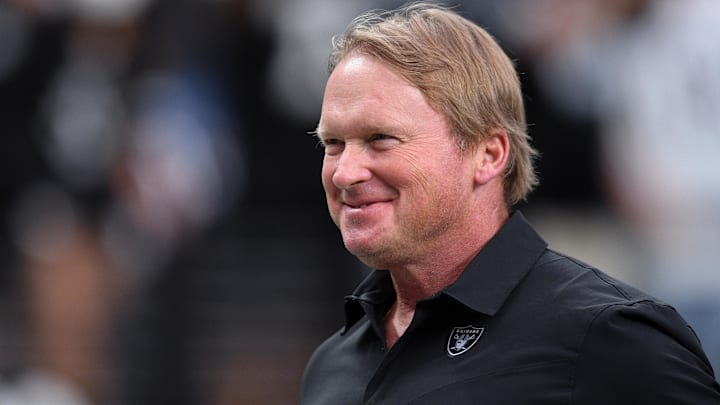 Aug 14, 2021; Paradise, Nevada, USA; Las Vegas Raiders manager Jon Gruden looks on before the game Seattle Seahawks at Allegiant Stadium. Mandatory Credit: Orlando Ramirez-Imagn Images