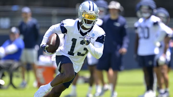 Jul 26, 2023; Oxnard, CA, USA; Dallas Cowboys wide receiver Michael Gallup (13) carries the ball