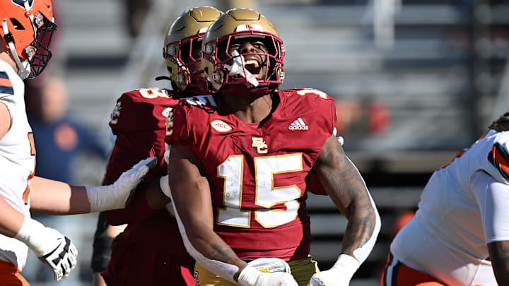 Nov 9, 2024; Chestnut Hill, Massachusetts, USA; Boston College Eagles defensive end Quintayvious Hutchins (15) reacts after a sack against the Syracuse Orange during the first half at Alumni Stadium. Mandatory Credit: Brian Fluharty-Imagn Images
