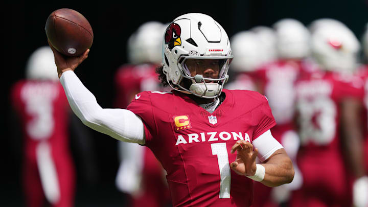 Oct 27, 2024; Miami Gardens, Florida, USA;  Arizona Cardinals quarterback Kyler Murray (1) warms-up before the game against the Miami Dolphins at Hard Rock Stadium. Mandatory Credit: Jim Rassol-Imagn Images