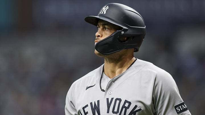 Apr 11, 2026; St. Petersburg, Florida, USA; New York Yankees designated hitter Giancarlo Stanton (27) looks on against the Tampa Bay Rays in the fifth inning at Tropicana Field. Mandatory Credit: Nathan Ray Seebeck-Imagn Images Apr 11, 2026; St. Petersburg, Florida, USA; New York Yankees designated hitter Giancarlo Stanton (27) looks on against the Tampa Bay Rays in the fifth inning at Tropicana Field. Mandatory Credit: Nathan Ray Seebeck-Imagn Images