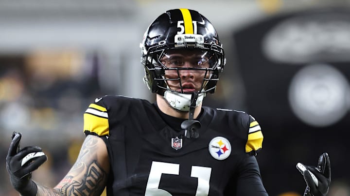 Jan 12, 2026; Pittsburgh, PA, USA;  Pittsburgh Steelers linebacker Nick Herbig (51) gestures against  the Houston Texans during the first quarter in an AFC Wild Card Round game at Acrisure Stadium. Mandatory Credit: Charles LeClaire-Imagn Images