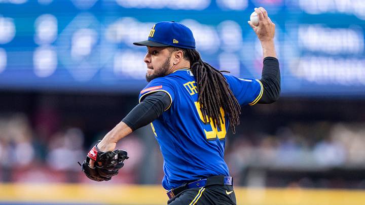 Jul 3, 2026; Seattle, Washington, USA;  Seattle Mariners starter Luis Castillo (58) delivers a pitch during the first inning against the Toronto Blue Jays at T-Mobile Park. Mandatory Credit: Stephen Brashear-Imagn Images