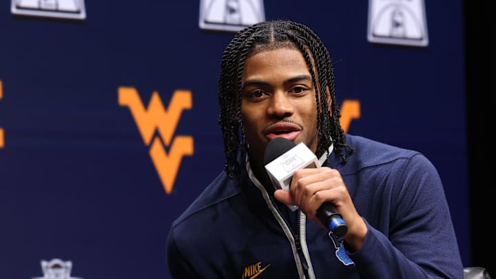 Oct 22, 2025; Kansas City, MO, USA; West Virginias Jasper Floyd speaks to media during Big 12 Menís Basketball media day at T-Mobile Center. Mandatory Credit: Sophia Scheller-Imagn Images Oct 22, 2025; Kansas City, MO, USA; West Virginias Jasper Floyd speaks to media during Big 12 Menís Basketball media day at T-Mobile Center. Mandatory Credit: Sophia Scheller-Imagn Images