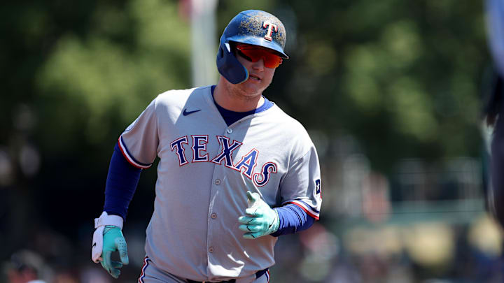 Texas Rangers designated hitter Joc Pederson (4) runs the bases after hitting a two-run home run against the Athletics during the first inning at Sutter Health Park. Texas Rangers designated hitter Joc Pederson (4) runs the bases after hitting a two-run home run against the Athletics during the first inning at Sutter Health Park.