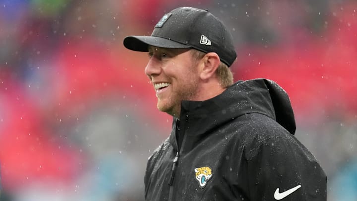 Oct 19, 2025; London, United Kingdom; Jacksonville Jaguars head coach Liam Coen looks on during warmups before a NFL International Series game between the Los Angeles Rams and the Jacksonville Jaguars at Wembley Stadium. T