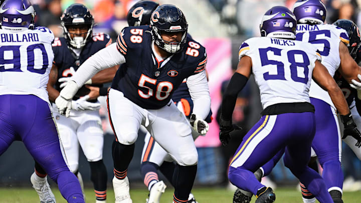 Bears right tackle Darnell Wright is plagued by a back injury and missing practice time this week. Bears right tackle Darnell Wright is plagued by a back injury and missing practice time this week.
