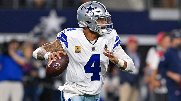 Dallas Cowboys quarterback Dak Prescott (4) looks to throw the ball during the game between the Cowboys and the Buccaneers at AT&T Stadium. Mandatory Credit: Jerome Miron-Imagn Images Dallas Cowboys quarterback Dak Prescott (4) looks to throw the ball during the game between the Cowboys and the Buccaneers at AT&T Stadium. Mandatory Credit: Jerome Miron-Imagn Images
