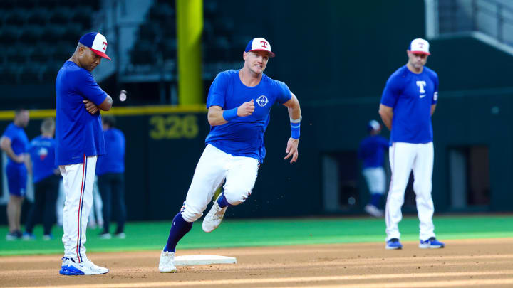 Jun 9, 2024; Arlington, Texas, USA; Texas Rangers injured third baseman Josh Jung runs before the game against the San Francisco Giants at Globe Life Field. Mandatory Credit: Kevin Jairaj-USA TODAY Sports