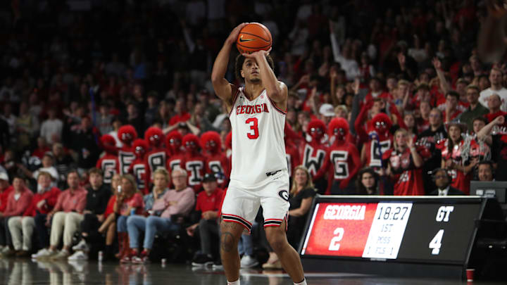 Nov 14, 2025; Athens, Georgia, USA; Georgia Bulldogs guard Jordan Ross (3) shoots against the Georgia Tech Yellow Jackets during the first half at Stegeman Coliseum. Mandatory Credit: Mady Mertens-Imagn Images