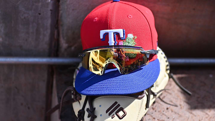 General view of a Texas Rangers hat.
