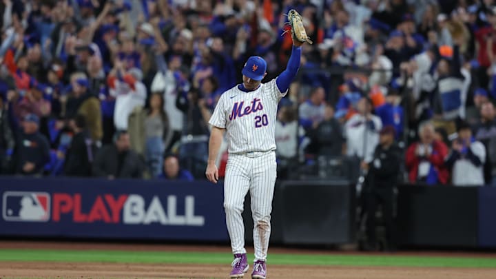 Oct 18, 2024; New York City, New York, USA; New York Mets first base Pete Alonso (20) celebrates defeating the Los Angeles Dodgers during game five of the NLCS for the 2024 MLB playoffs at Citi Field. Mandatory Credit: Brad Penner-Imagn Images Oct 18, 2024; New York City, New York, USA; New York Mets first base Pete Alonso (20) celebrates defeating the Los Angeles Dodgers during game five of the NLCS for the 2024 MLB playoffs at Citi Field. Mandatory Credit: Brad Penner-Imagn Images