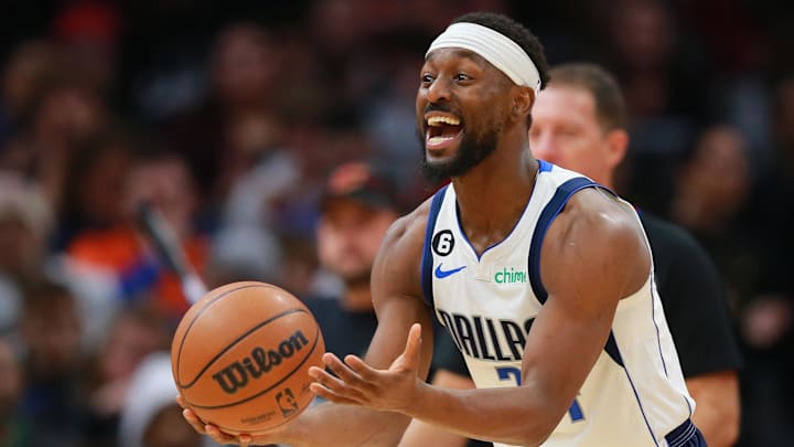 Dec 17, 2022; Cleveland, Ohio, USA; Dallas Mavericks guard Kemba Walker (34) reacts after a foul call during the second half against the Cleveland Cavaliers at Rocket Mortgage FieldHouse. Mandatory Credit: Aaron Josefczyk-Imagn Images