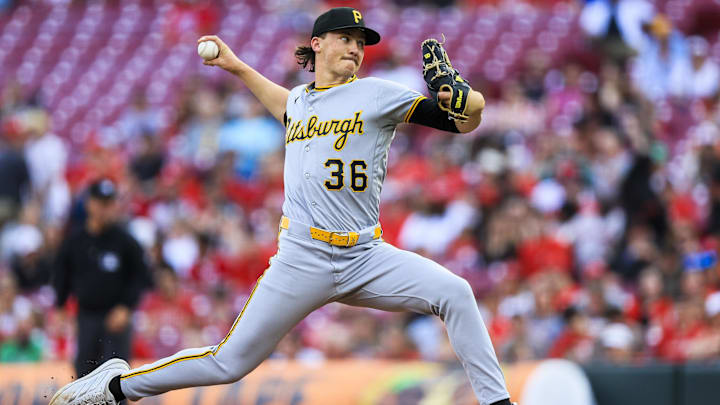Mar 31, 2026; Cincinnati, Ohio, USA; Pittsburgh Pirates starting pitcher Bubba Chandler (36) pitches against the Cincinnati Reds in the first inning at Great American Ball Park. Mandatory Credit: Katie Stratman-Imagn Images