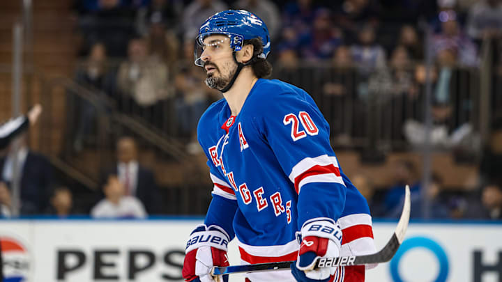 New York Rangers left wing Chris Kreider (20) during the first period against the Vancouver Canucks.