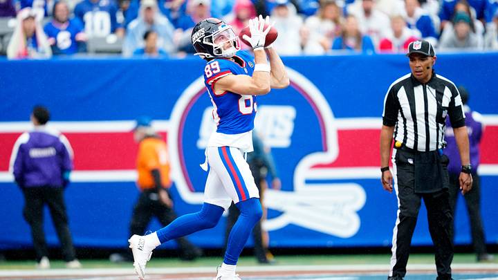 New York Giants wide receiver, Charlie Jones, catches the punt return, Sunday, October 4, 2026, in East Rutherford. New York Giants wide receiver, Charlie Jones, catches the punt return, Sunday, October 4, 2026, in East Rutherford.