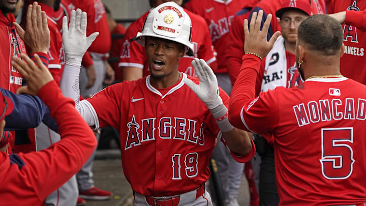 Mar 30, 2025; Chicago, Illinois, USA; Los Angeles Angels outfielder Kyren Paris (19)  celebrates his home run against the Chicago White Sox during the eighth inning at Guaranteed Rate Field. Mandatory Credit: David Banks-Imagn Images