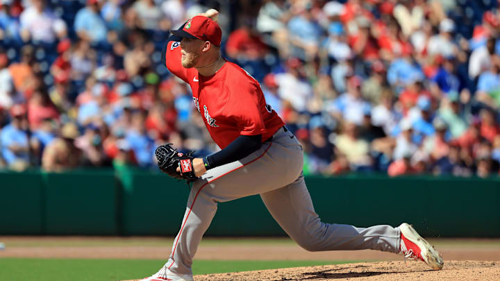 Mar 5, 2026; Clearwater, Florida, USA;  Boston Red Sox pitcher Ryan Watson (56) throws a pitch during the third inning against the Philadelphia Phillies at BayCare Ballpark. Mandatory Credit: Kim Klement Neitzel-Imagn Images
