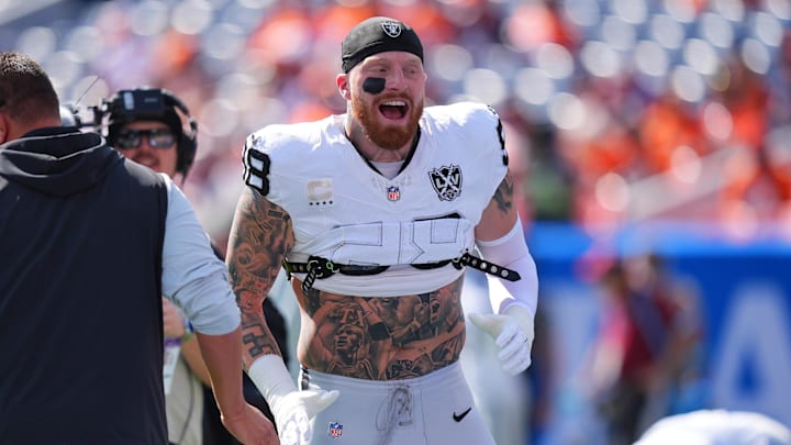 Oct 6, 2024; Denver, Colorado, USA; Las Vegas Raiders defensive end Maxx Crosby (98) before the game against the Denver Broncos at Empower Field at Mile High. Mandatory Credit: Ron Chenoy-Imagn Images
