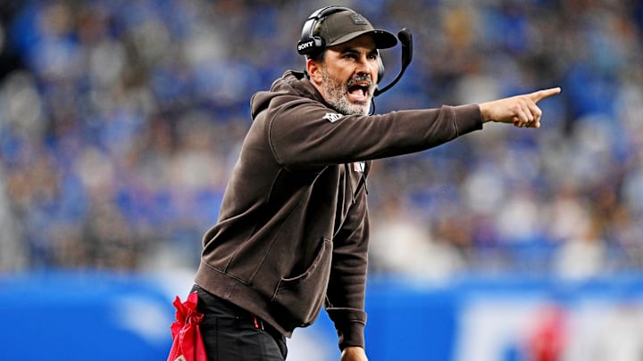Sep 28, 2025; Detroit, Michigan, USA; Cleveland Browns head coach Kevin Stefanski reacts after the game against the Detroit Lions at Ford Field. Mandatory Credit: Lon Horwedel-Imagn Images