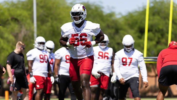 Jun 10, 2025; Tempe, AZ, USA; Arizona Cardinals defensive lineman Darius Robinson (56) during minicamp at the teams Arizona Cardinals Training Facility. Mandatory Credit: Mark J. Rebilas-Imagn Images