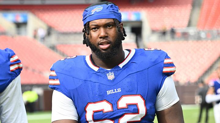 Aug 22, 2026; Cleveland, Ohio, USA; Buffalo Bills center Sedrick van Pran-Granger (62) during the second half at Huntington Bank Field. Aug 22, 2026; Cleveland, Ohio, USA; Buffalo Bills center Sedrick van Pran-Granger (62) during the second half at Huntington Bank Field.