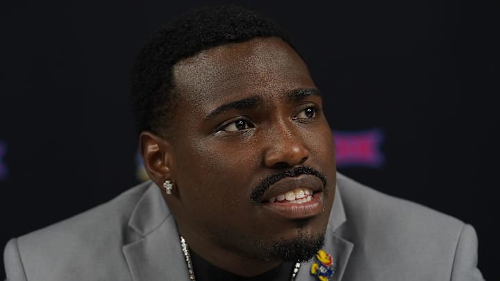 Jul 9, 2025; Frisco, TX, USA; Kansas quarterback Jalon Daniels speaks with the media during 2025 Big 12 Football Media Days at The Star. Mandatory Credit: Raymond Carlin III-Imagn Images