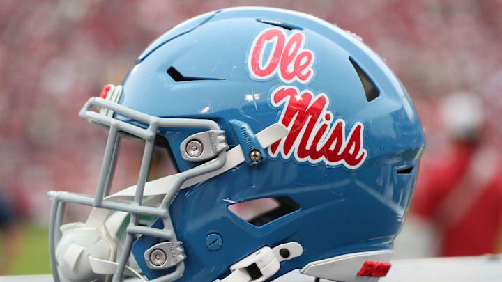 Nov 2, 2024; Fayetteville, Arkansas, USA; Ole Miss Rebels helmet during the game against the Arkansas Razorbacks at Donald W. Reynolds Razorback Stadium. Mississippi won 63-31. Mandatory Credit: Nelson Chenault-Imagn Images