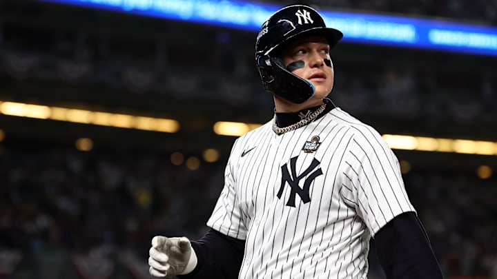 Oct 29, 2024; Bronx, New York, USA; New York Yankees outfielder Alex Verdugo (24) reacts after hitting a sacrifice RBI against the Los Angeles Dodgers in the second inning during game four of the 2024 MLB World Series at Yankee Stadium.