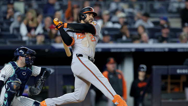 Sep 25, 2024; Bronx, New York, USA; Baltimore Orioles right fielder Anthony Santander (25) follows through on an RBI double against the New York Yankees during the fourth inning at Yankee Stadium. Mandatory Credit: Brad Penner-Imagn Images Sep 25, 2024; Bronx, New York, USA; Baltimore Orioles right fielder Anthony Santander (25) follows through on an RBI double against the New York Yankees during the fourth inning at Yankee Stadium. Mandatory Credit: Brad Penner-Imagn Images