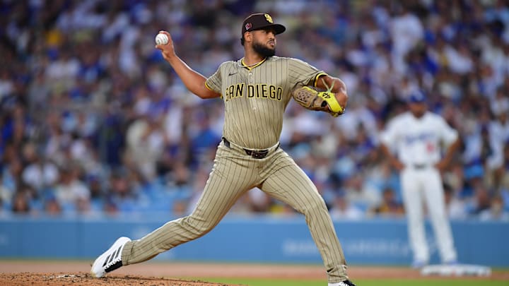 Aug 15, 2025; Los Angeles, California, USA;  San Diego Padres pitcher Randy Vasquez (98) throws against the Los Angeles Dodgers during the second inning at Dodger Stadium. Mandatory Credit: Gary A. Vasquez-Imagn Images
