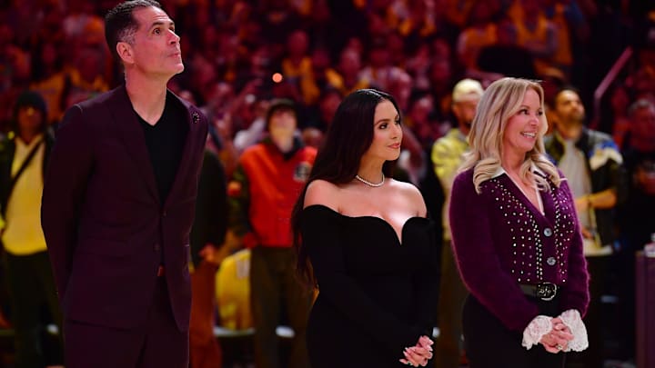 Los Angeles Lakers general manager Rob Pelinka, Vanessa Bryant and majority owner Jeanie Buss attend the jersey retirement of former player Pau Gasol during halftime at Crypto.com Arena. Los Angeles Lakers general manager Rob Pelinka, Vanessa Bryant and majority owner Jeanie Buss attend the jersey retirement of former player Pau Gasol during halftime at Crypto.com Arena.