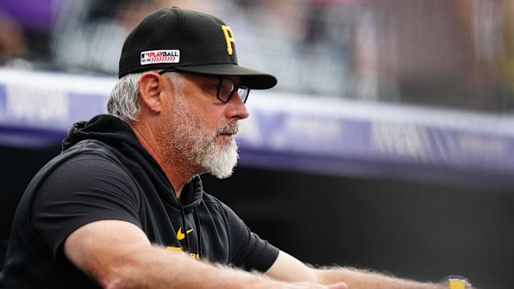 Jun 14, 2024; Denver, Colorado, USA; Pittsburgh Pirates manager Derek Shelton (17) in the dugout during the first inning against the Colorado Rockies at Coors Field. Mandatory Credit: Ron Chenoy-Imagn Images
