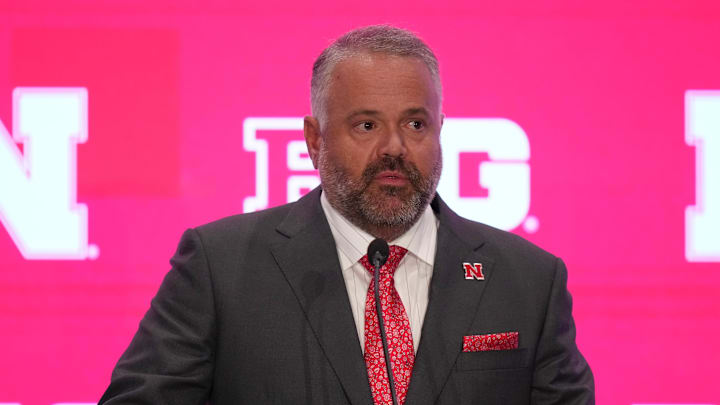 Jul 22, 2025; Las Vegas, NV, USA; Nebraska head coach Matt Rhule speaks to the media during the Big Ten NCAA college football media days at Mandalay Bay Resort. 