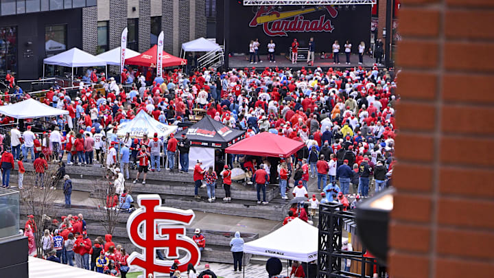 Mar 27, 2025; St. Louis, Missouri, USA;  A general view as fans attend a rally before Opening Day game between the St. Louis Cardinals and the Minnesota Twins at Busch Stadium. Mandatory Credit: Jeff Curry-Imagn Images