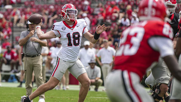 Apr 18, 2026; Athens, GA, USA; Georgia Bulldogs quarterback Bryson Beaver (18) passes the ball during the Georgia Spring football game at Sanford Stadium. Mandatory Credit: Dale Zanine-Imagn Images