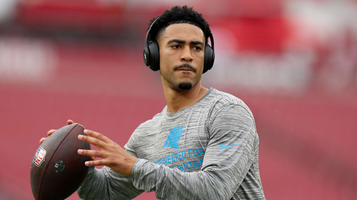 Jan 3, 2026; Tampa, Florida, USA;  Carolina Panthers quarterback Bryce Young (9) warms up before the game against the Tampa Bay Buccaneers at Raymond James Stadium. Mandatory Credit: Nathan Ray Seebeck-Imagn Images