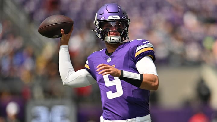 Aug 10, 2024; Minneapolis, Minnesota, USA; Minnesota Vikings quarterback J.J. McCarthy (9) warms up before the game against the Las Vegas Raiders at U.S. Bank Stadium. Mandatory Credit: Jeffrey Becker-Imagn Images