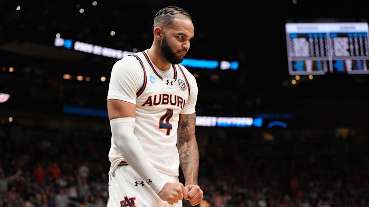 Mar 28, 2025; Atlanta, GA, USA; Auburn Tigers forward Johni Broome (4) reacts after a play in the second half of a South Regional semifinal of the 2025 NCAA tournament against the Michigan Wolverines at State Farm Arena. Mandatory Credit: Dale Zanine-Imagn Images