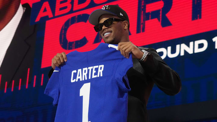 Apr 24, 2025; Green Bay, WI, USA; the New York Giants select Penn State Nittany Lions defensive end Abdul Carter as the number three pick in the first round of the 2025 NFL Draft at Lambeau Field. Apr 24, 2025; Green Bay, WI, USA; the New York Giants select Penn State Nittany Lions defensive end Abdul Carter as the number three pick in the first round of the 2025 NFL Draft at Lambeau Field.