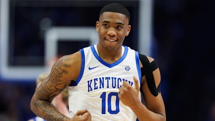 Mar 4, 2025; Lexington, Kentucky, USA; Kentucky Wildcats forward Brandon Garrison (10) runs down the court after scoring during the first half against the LSU Tigers at Rupp Arena at Central Bank Center. Mandatory Credit: Jordan Prather-Imagn Images