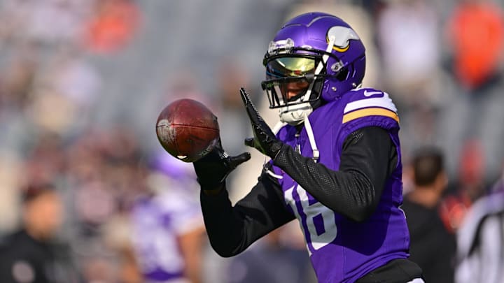 Nov 24, 2024; Chicago, Illinois, USA; Minnesota Vikings wide receiver Justin Jefferson (18) warms up before the game against the Chicago Bears at Soldier Field. Mandatory Credit: Daniel Bartel-Imagn Images