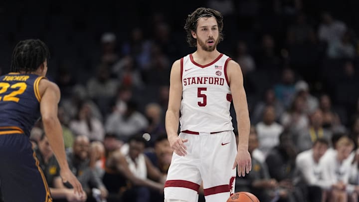 Mar 12, 2025; Charlotte, NC, USA; Stanford Cardinal guard Benny Gealer (5) brings the ball up court against the California Golden Bears during the second half at Spectrum Center. Mandatory Credit: Jim Dedmon-Imagn Images Mar 12, 2025; Charlotte, NC, USA; Stanford Cardinal guard Benny Gealer (5) brings the ball up court against the California Golden Bears during the second half at Spectrum Center. Mandatory Credit: Jim Dedmon-Imagn Images